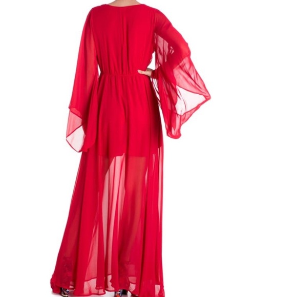 Meghan La long Kimono sleeve Maxi Dress in cherry red - Picture 2 of 10